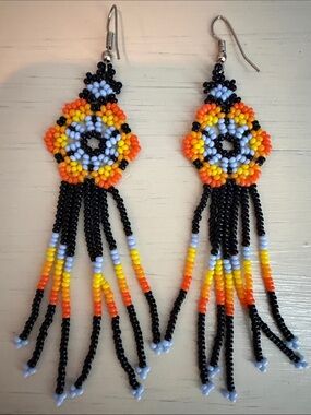 Handmade Black, Yellow & Orange Beaded Fringe Earrings
